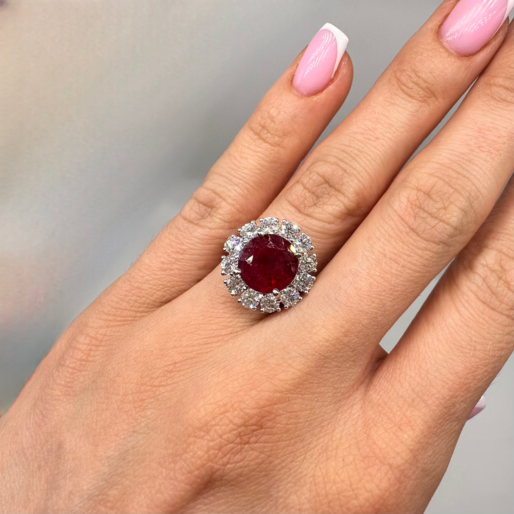 18K White Gold Ring with 5.16CT Lab-Grown Ruby & 2.45CT Natural Diamonds RUBDR014 NJJJ