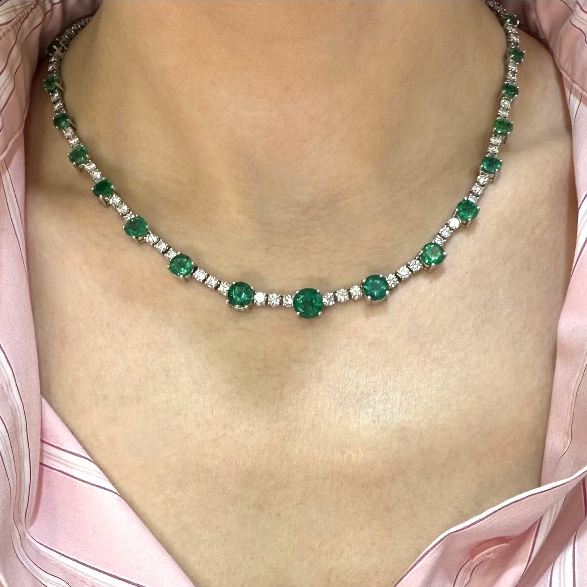 14K White Gold Round Emerald & Diamond Necklace – 14.32CT Emeralds & 10.00CT Diamonds CDN101 INJJJ