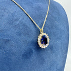 14K Yellow Gold 5.80 Ct Oval Lab Sapphire & 1.46 Ct Lab Diamond Pendant Necklace