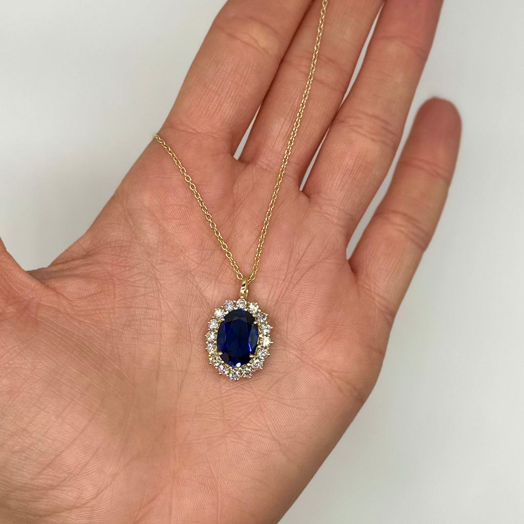 14K Yellow Gold 5.80 Ct Oval Lab Sapphire & 1.46 Ct Lab Diamond Pendant Necklace