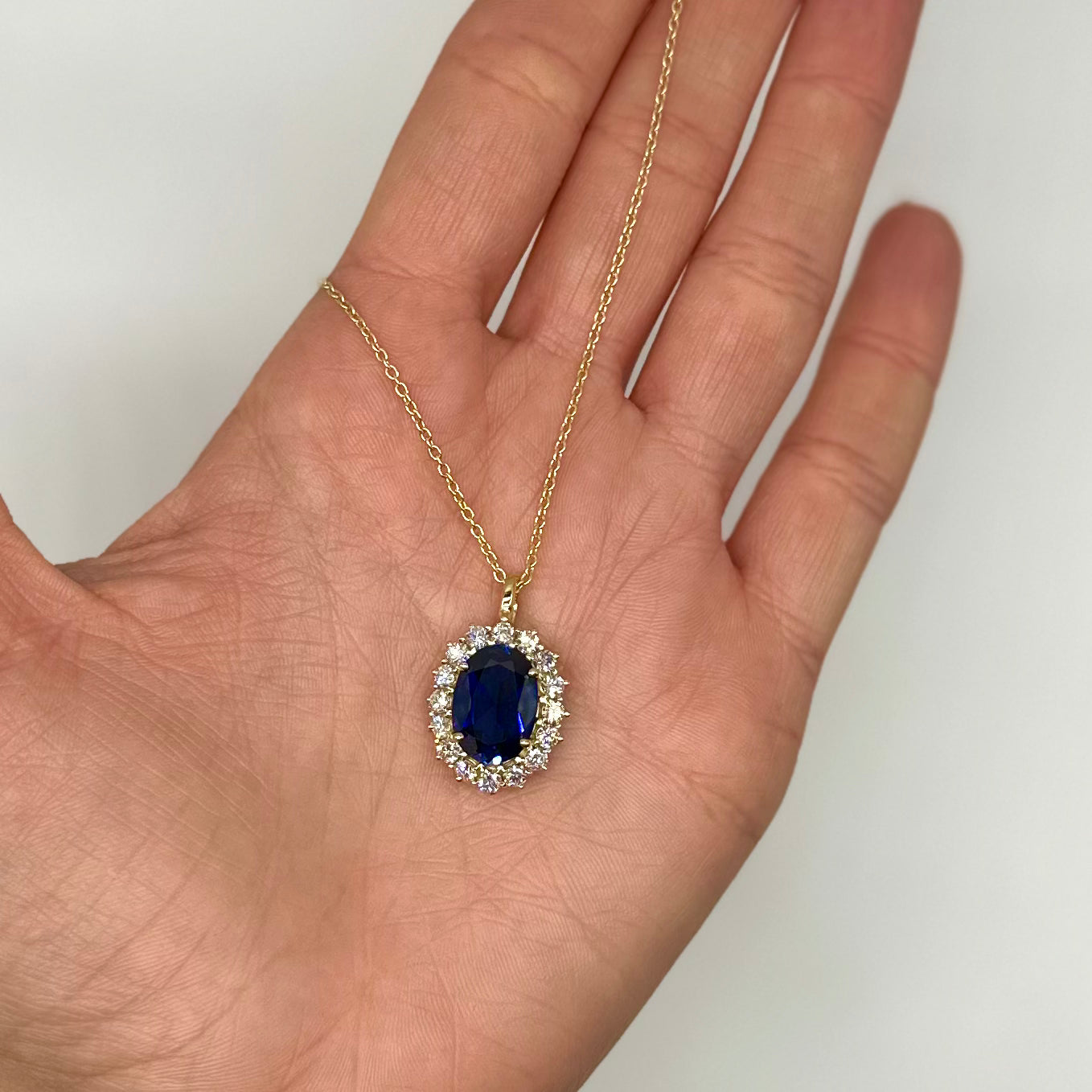 14K Yellow Gold 5.80 Ct Oval Lab Sapphire & 1.46 Ct Lab Diamond Pendant Necklace