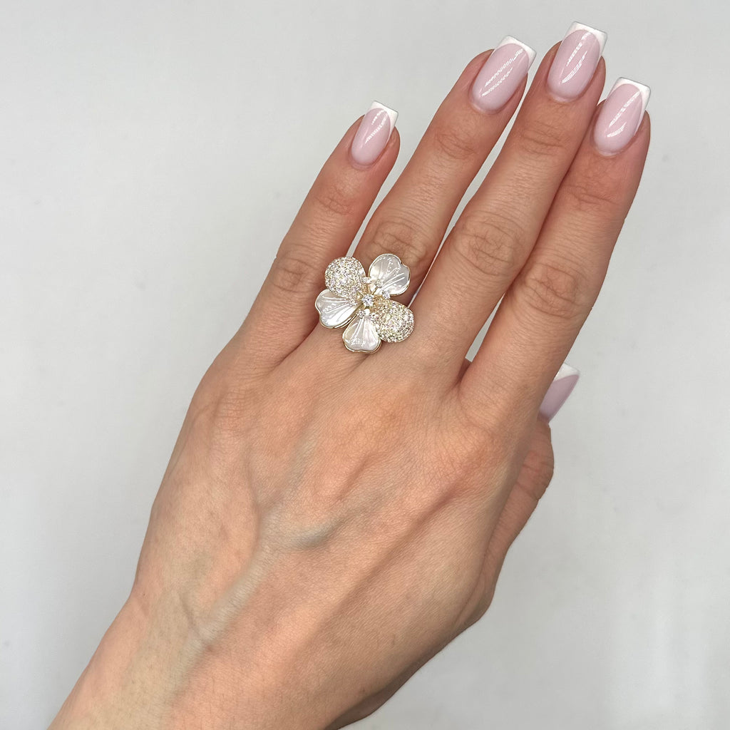 14K Yellow Gold 1.41 Ct Diamond & Mother-of-Pearl Floral Ring