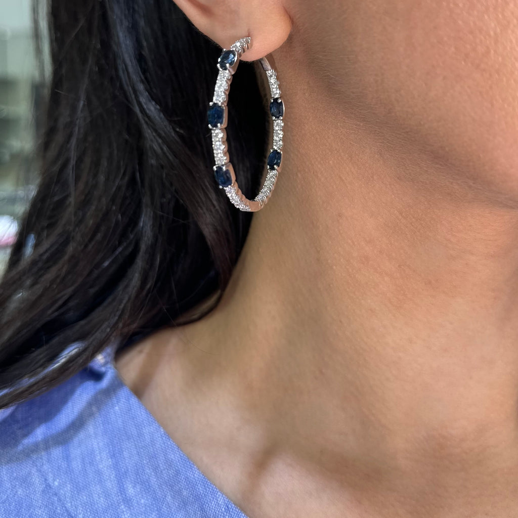 14K White Gold Diamond & Blue Sapphire Hoop Earrings 3.98CT Diamonds, 5.23CT Sapphires SDER023 NNJJ