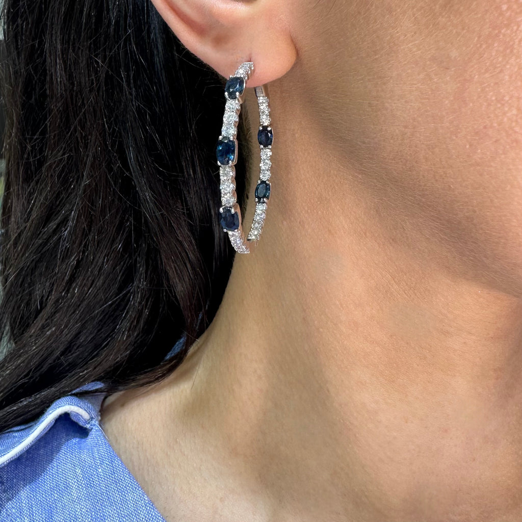 14K White Gold Diamond & Blue Sapphire Hoop Earrings 3.98CT Diamonds, 5.23CT Sapphires SDER023 NNJJ