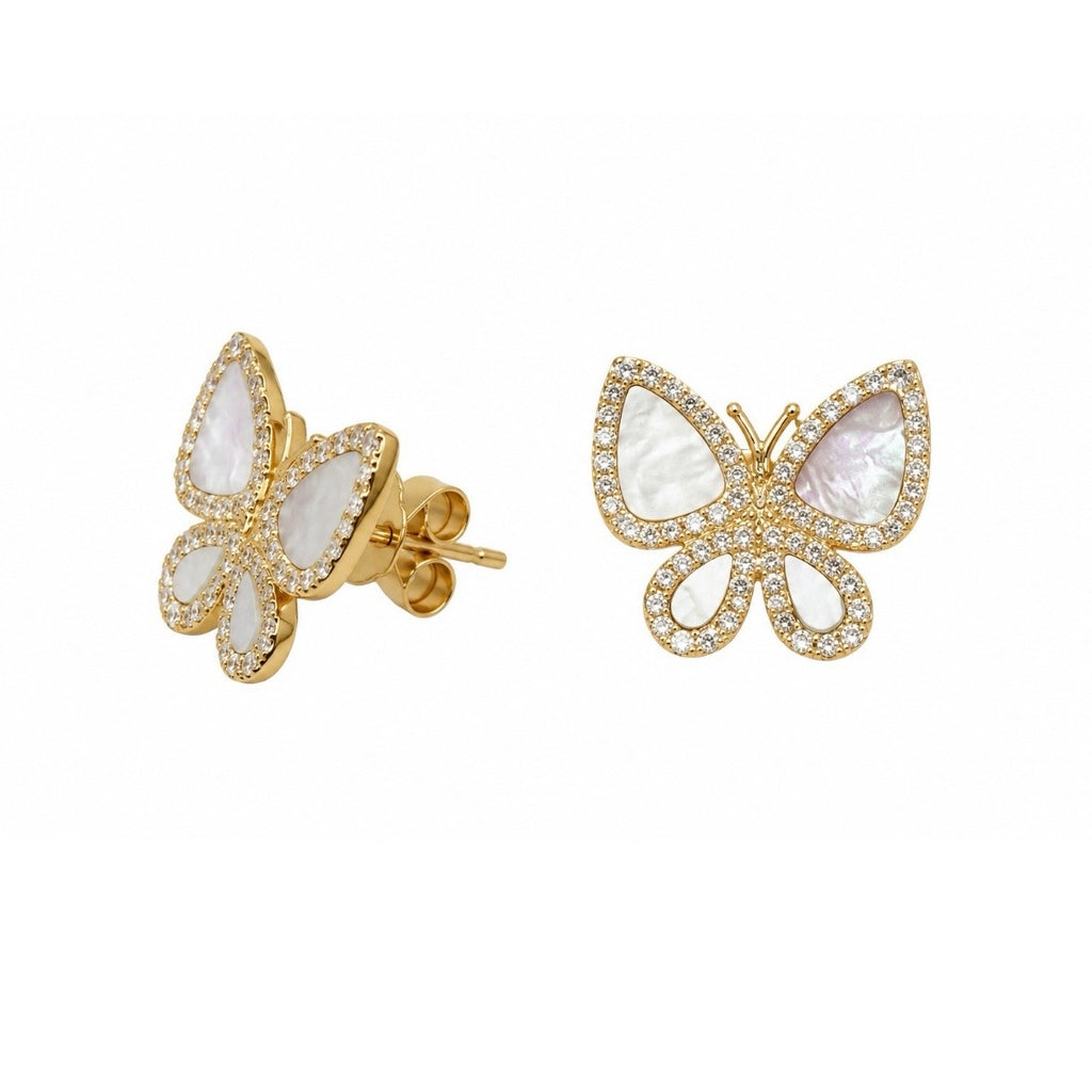 14K Yellow Gold 0.31 Ct Diamond & Mother of Pearl Butterfly Earrings