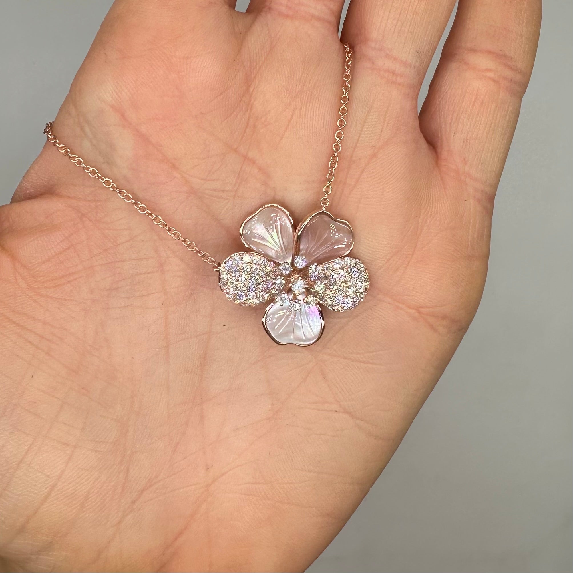 14K Rose Gold Diamond Flower Pendant Necklace – 1.43 CT Diamond Adjustable Chain PJNP6507