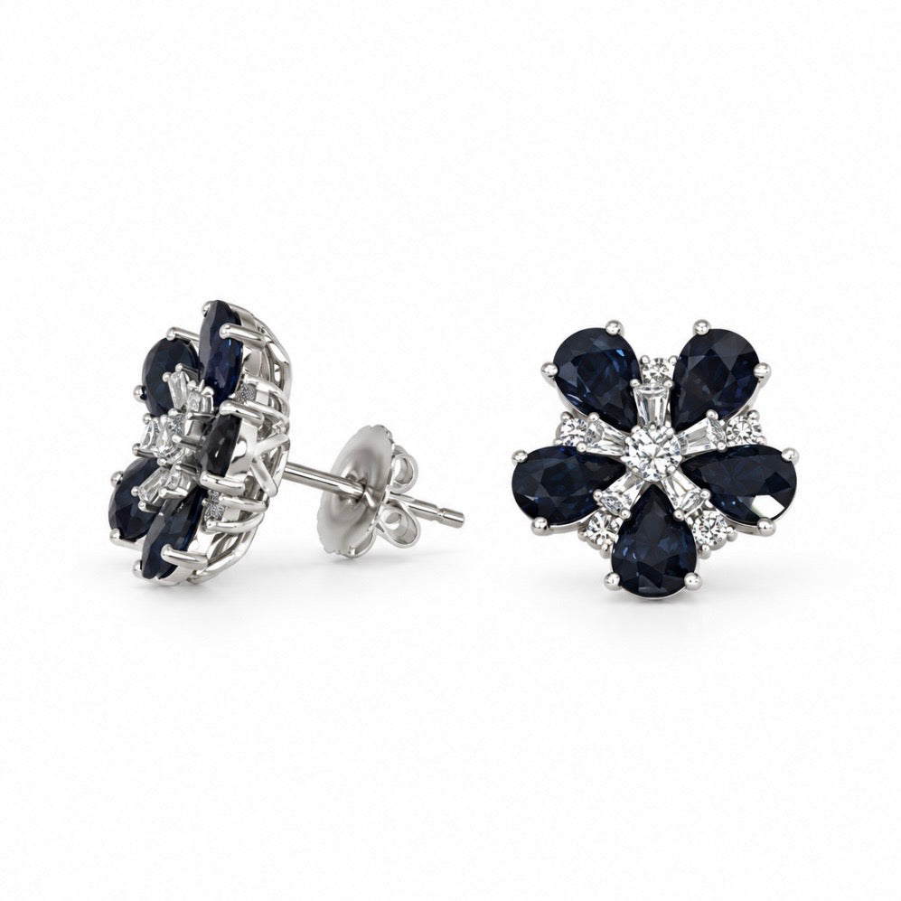 18K White Gold 5.22CT Sapphire & 0.56CT Diamond Floral Earrings