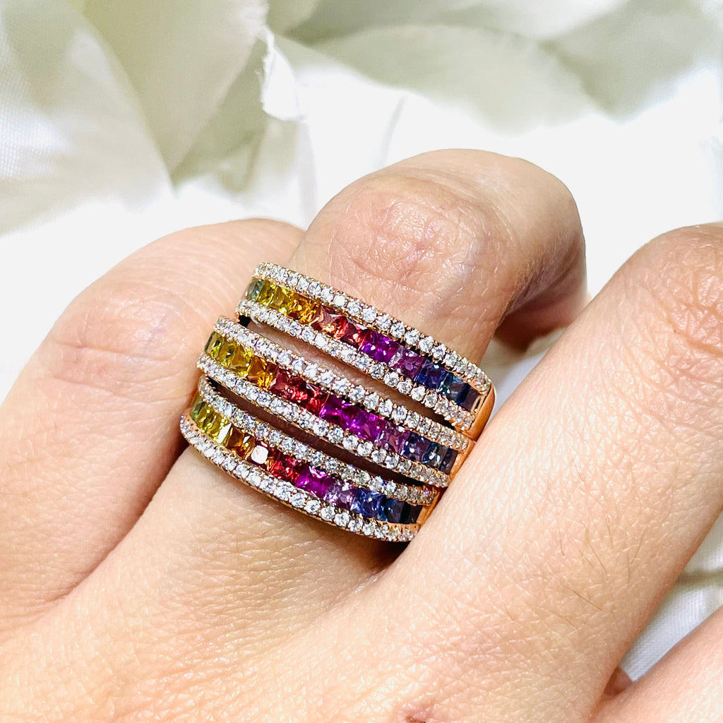 18K Rose Gold Rainbow Sapphire & Diamond Ring – 2.48CT Sapphires / 0.69CT Diamonds | SDR060