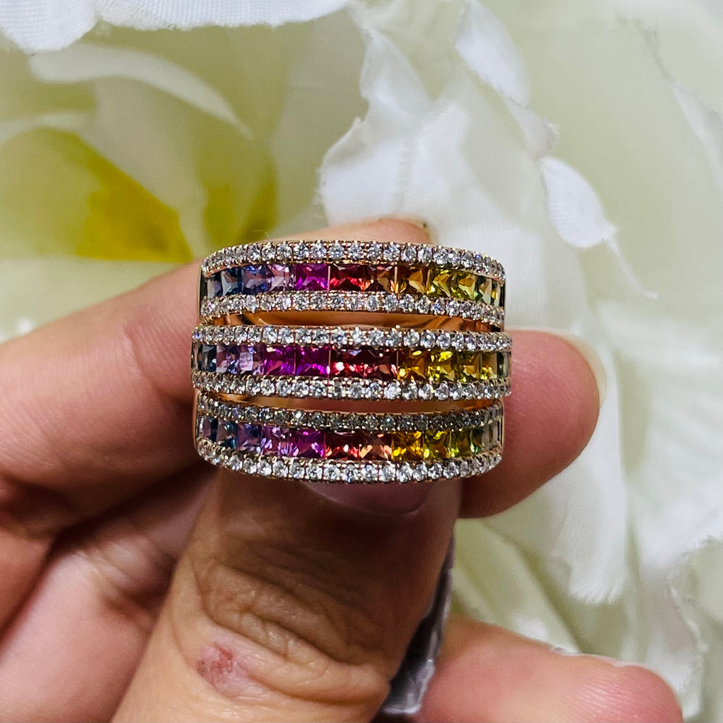 18K Rose Gold Rainbow Sapphire & Diamond Ring – 2.48CT Sapphires / 0.69CT Diamonds | SDR060