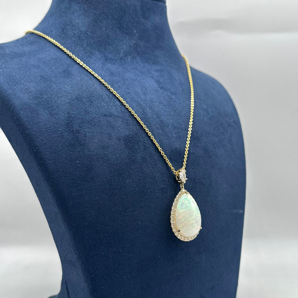 14K Yellow Gold 1.77CT Diamond & 14.10CT Pear Opal Pendant Necklace – 18” COLN0053 GTJJ