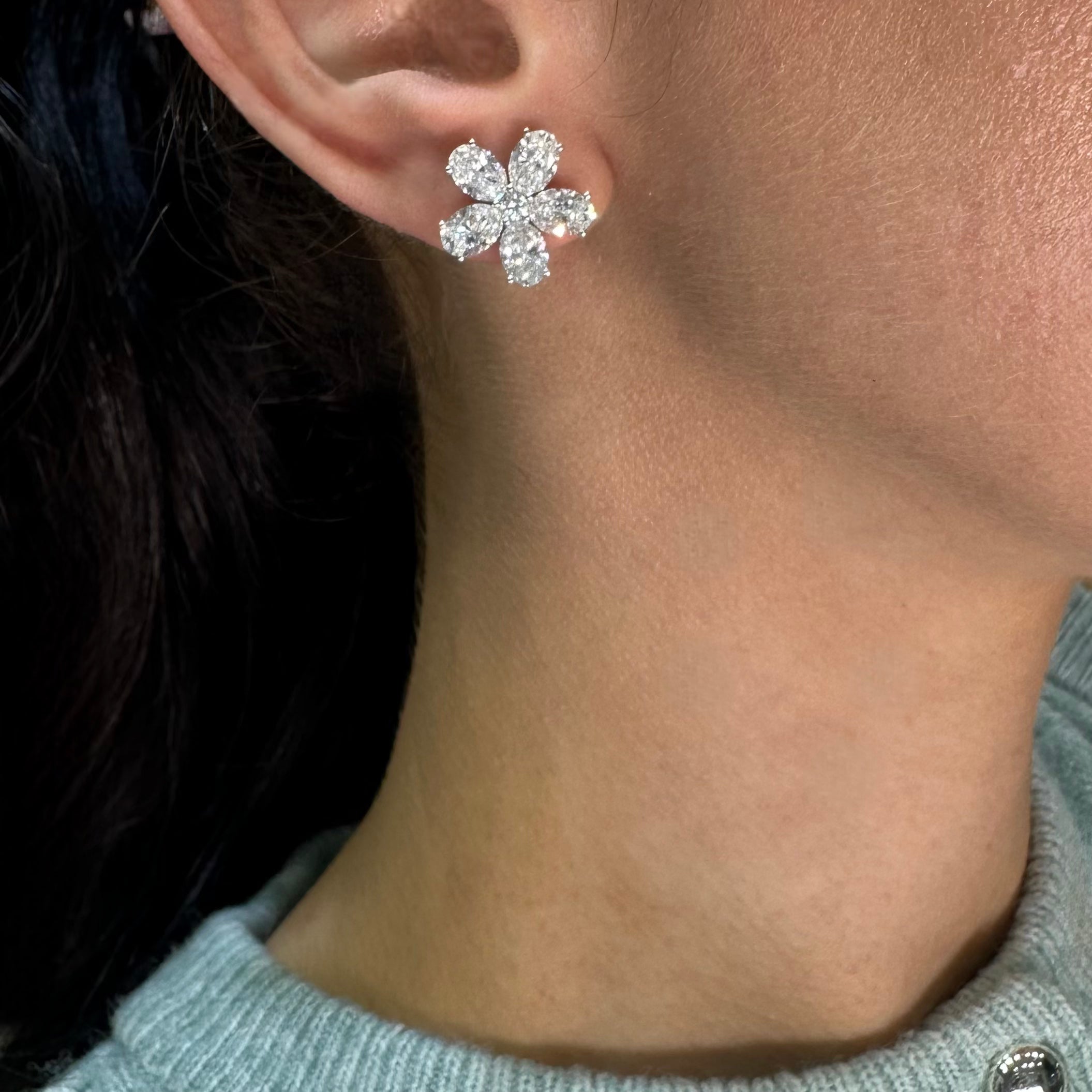 14K White Gold Lab Diamond Flower Stud Earrings 5.65ct