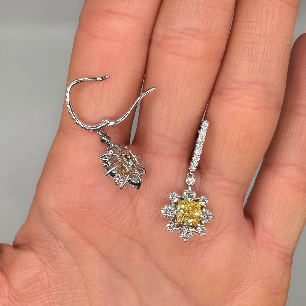 14K White Gold Earrings with 4.67ct Lab Grown Yellow & White Diamonds