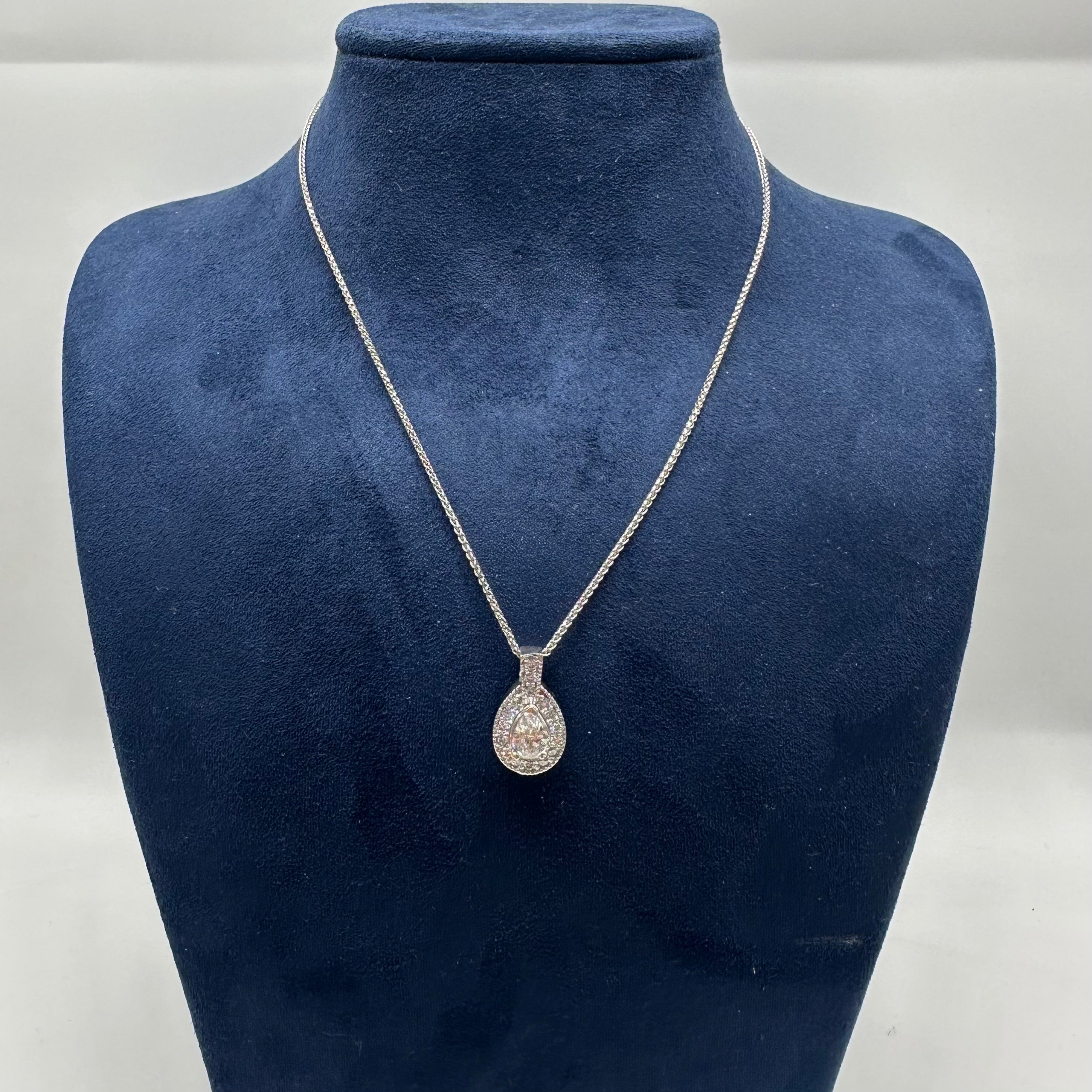 14K White Gold Pear & Round Diamond Pendant Necklace – 1.35CT GJJJ