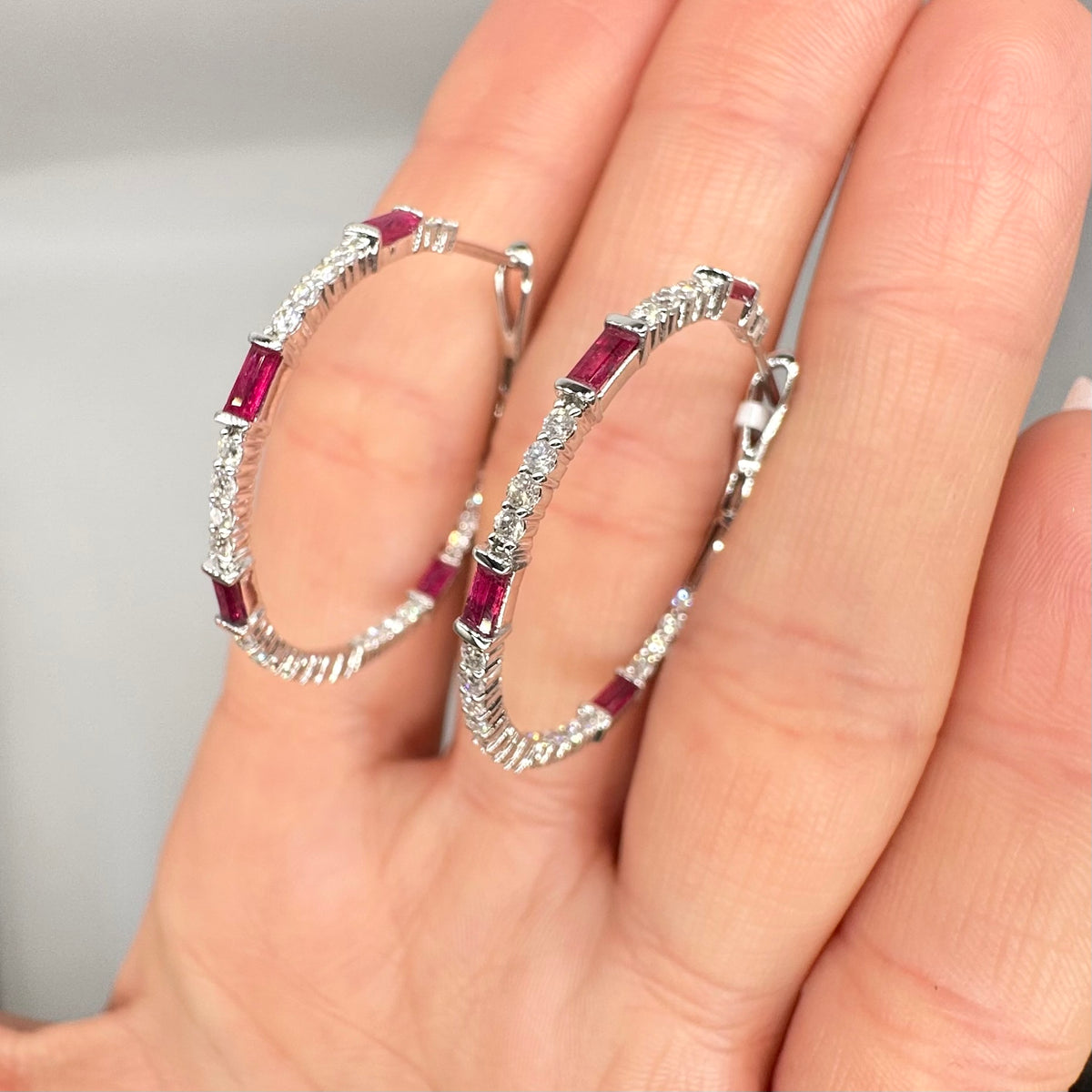 14K White Gold 0.95 Ct Ruby & 0.86 Ct Diamond Hoop Earrings