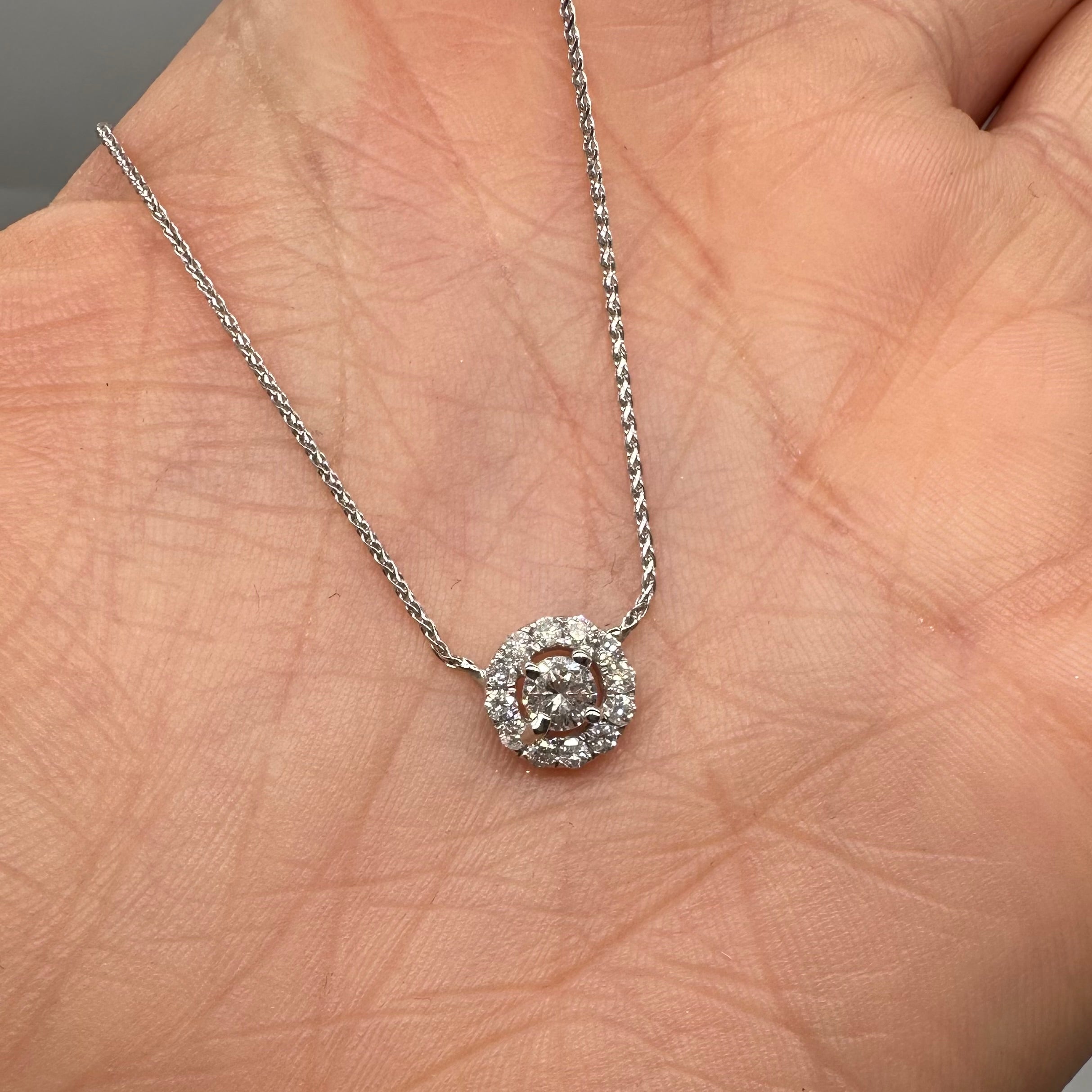 14K White Gold Round Diamond Halo Pendant Necklace – 0.45CT ZTJ
