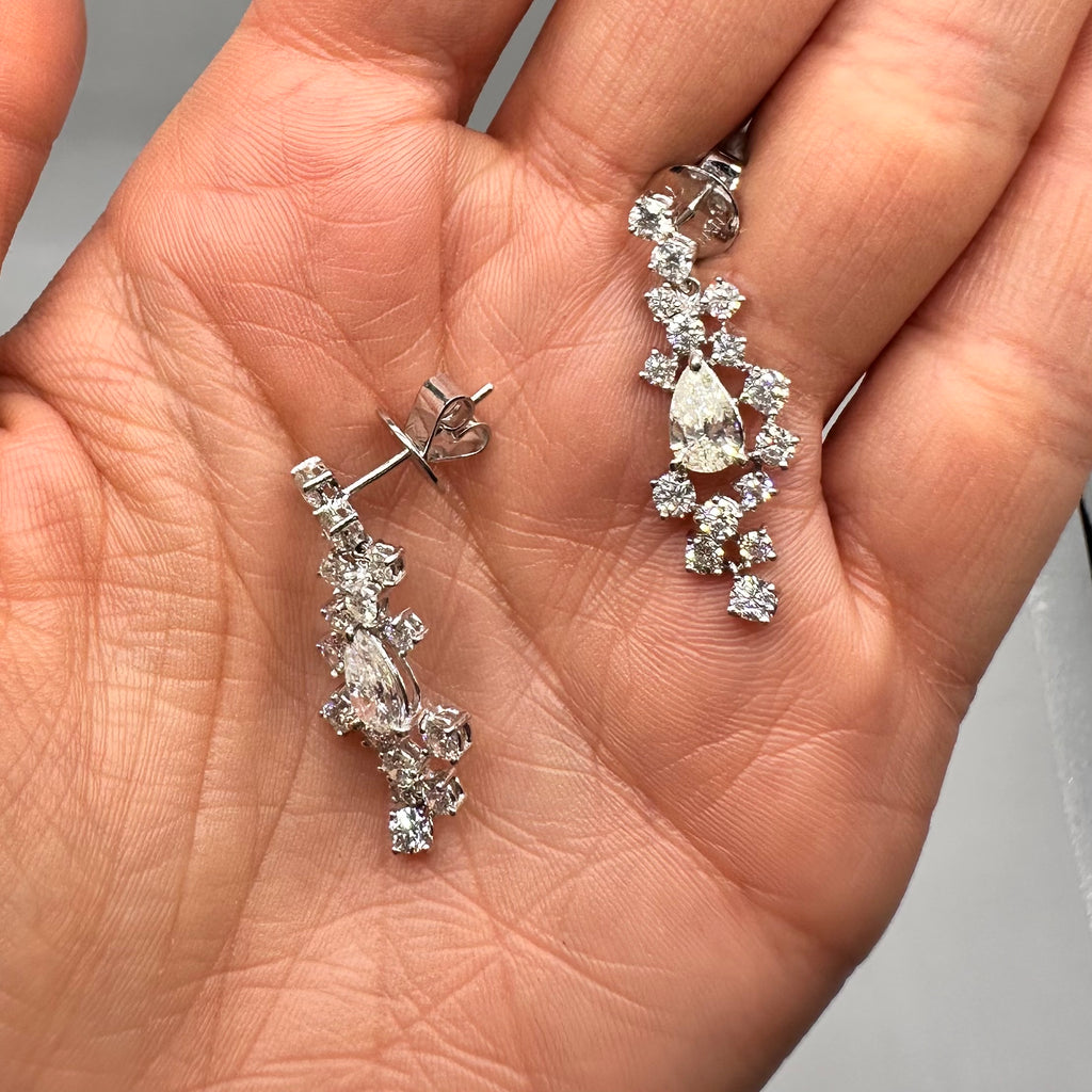 18K White Gold Diamond Drop Earrings – 3.60ct Round & Pear Shape Diamonds GAJJ INJJ