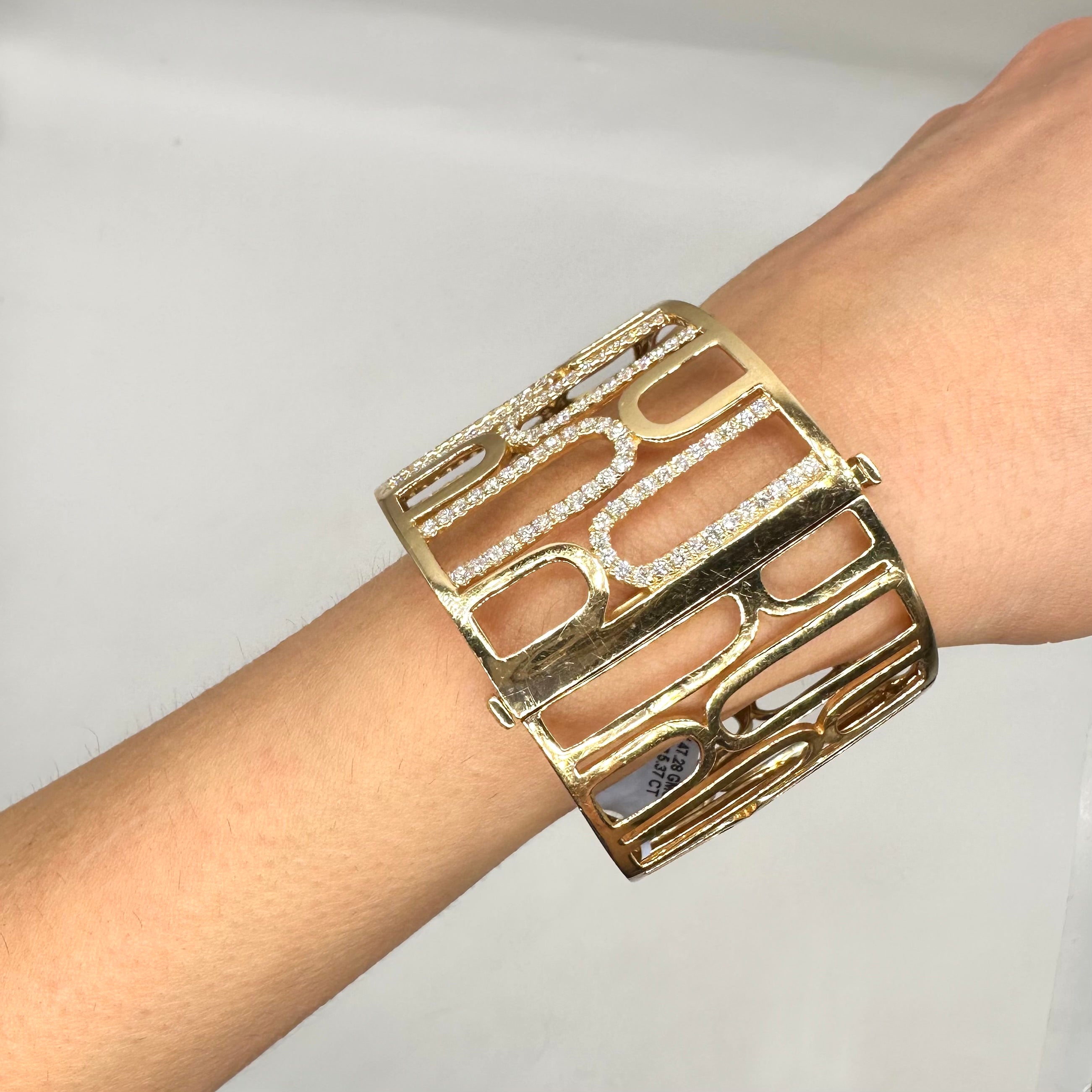 14K Yellow Gold Wide Diamond Bangle Bracelet 5.37CT Round Diamonds PJB6224-001