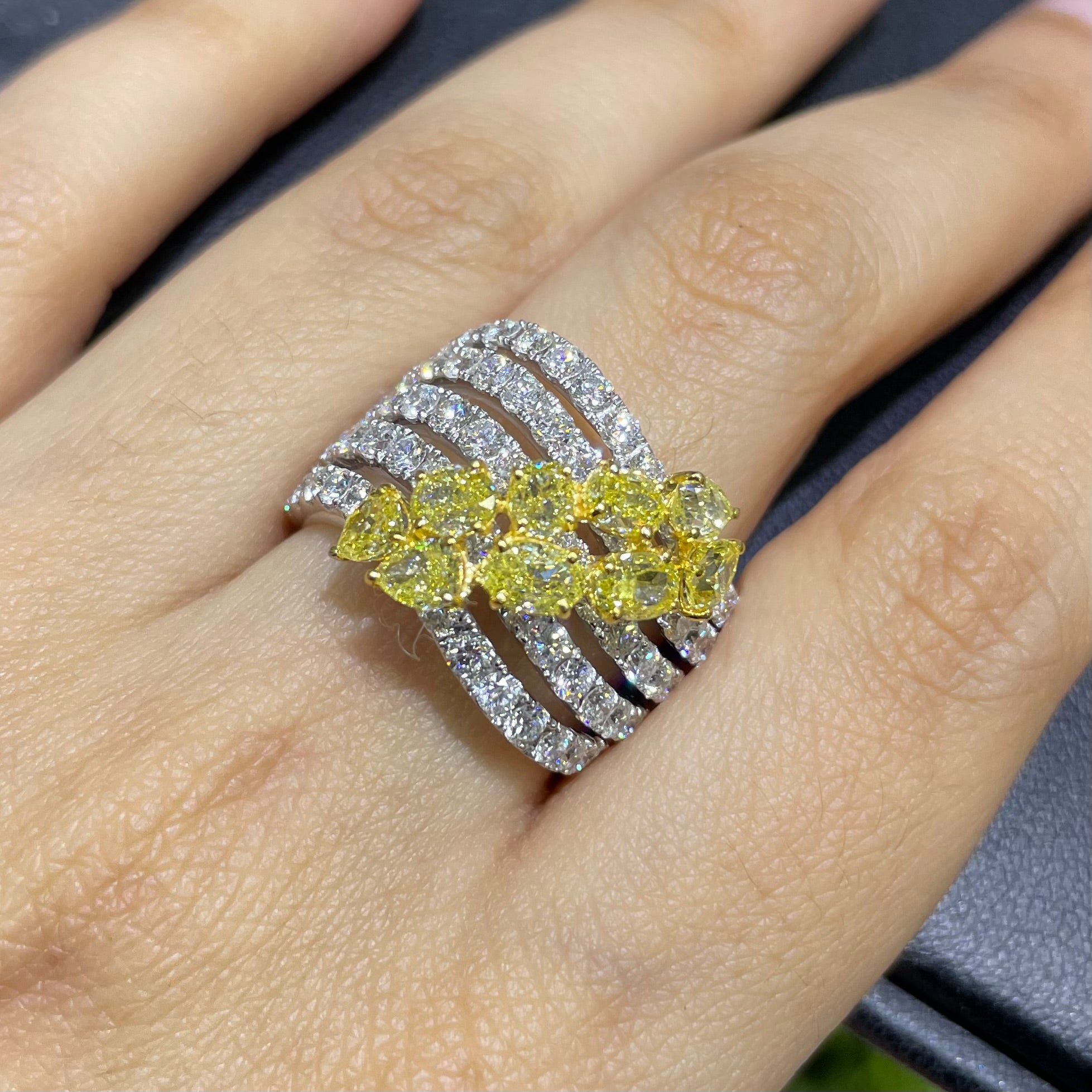 18K White Gold Fancy Yellow Diamond Fashion Ring – 5.32CT Total Diamonds | DB104
