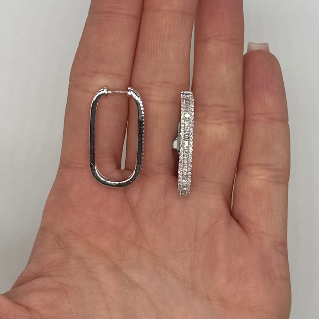 14K White Gold 1.00 Ct Diamond Baguette & Round Hoop Earrings