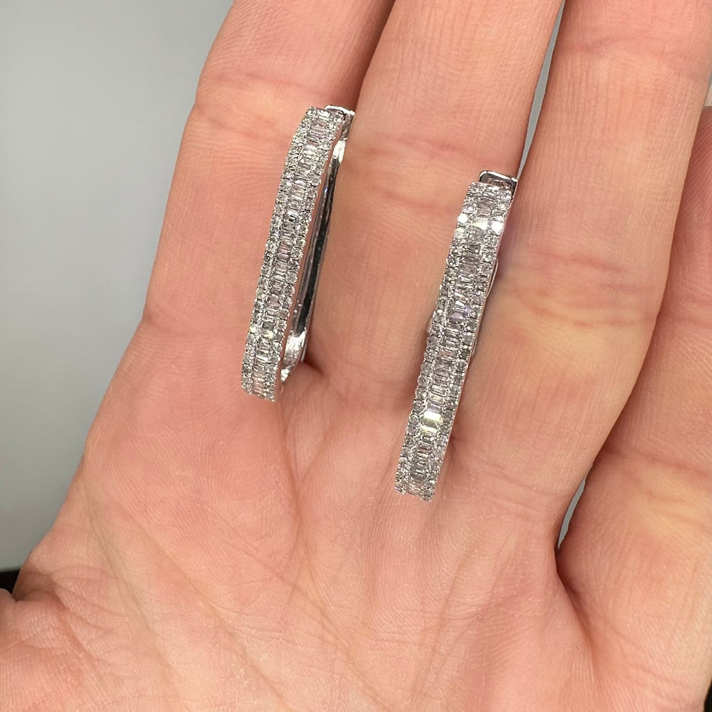 14K White Gold 1.00 Ct Diamond Baguette & Round Hoop Earrings