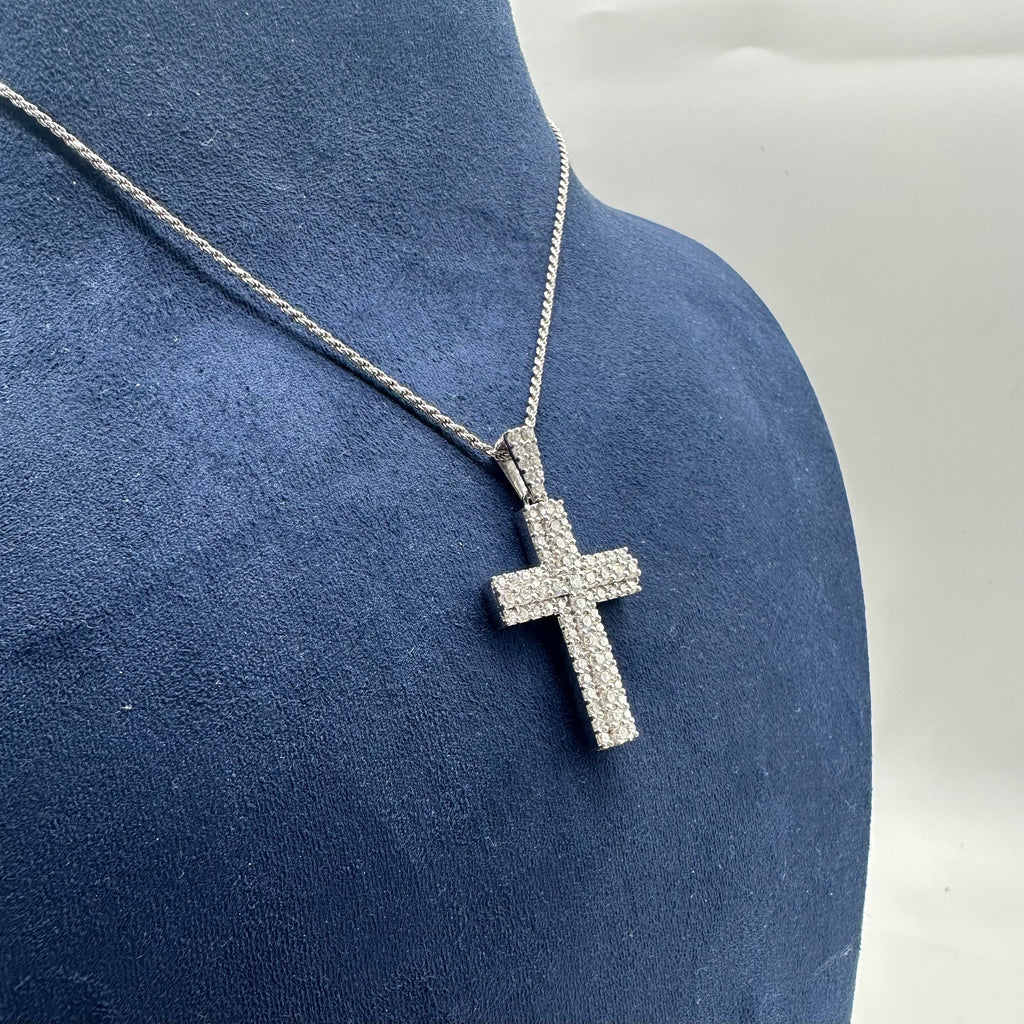18K White Gold Round Diamond Cross Pendant Necklace – 1.60CT Diamonds IIJJ