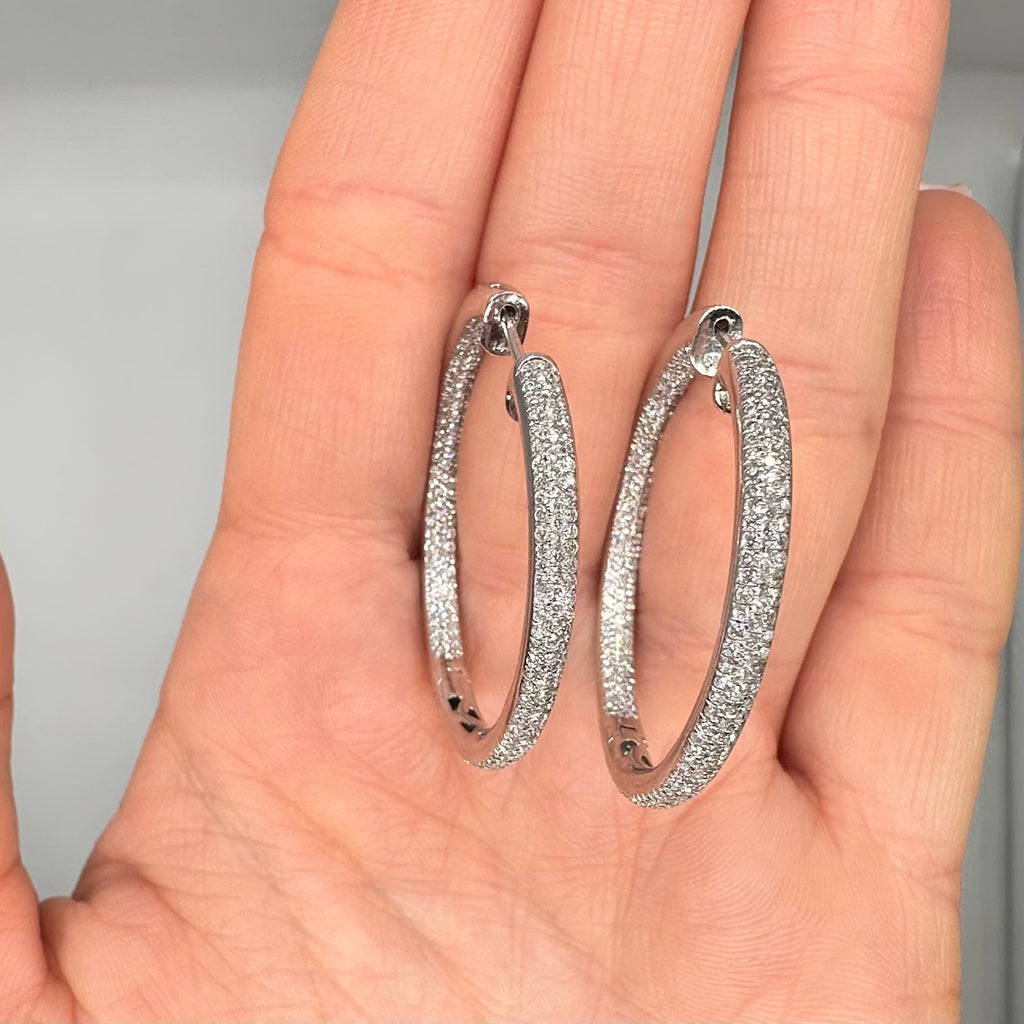 14K White Gold 2.80 Ct Diamond Inside-Out Pavé Hoop Earrings