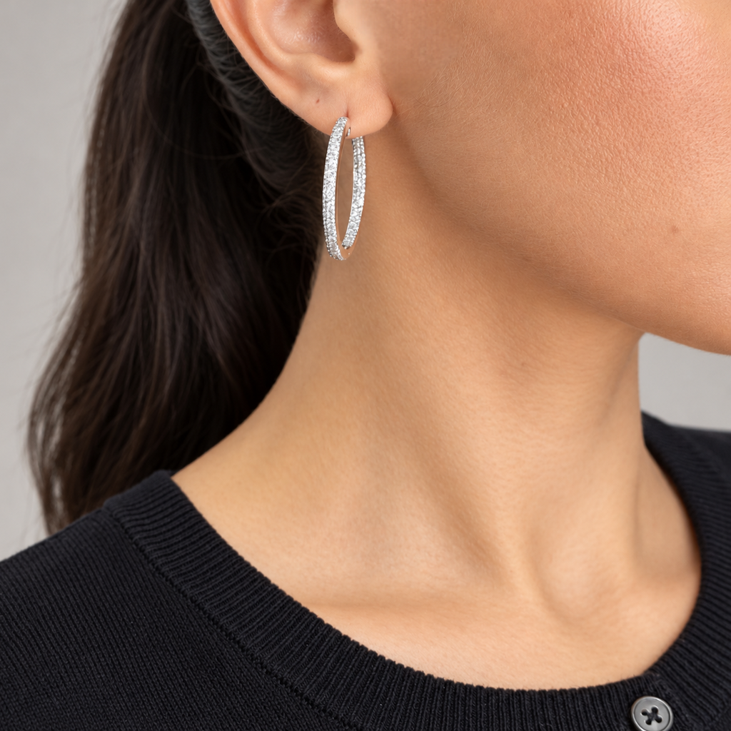 14K White Gold 2.80 Ct Diamond Inside-Out Pavé Hoop Earrings