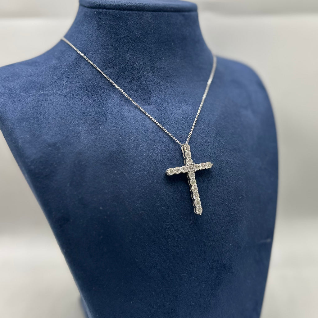 14K White Gold 3.01 CT Round Diamond Cross Pendant Necklace DP032 GNJJ