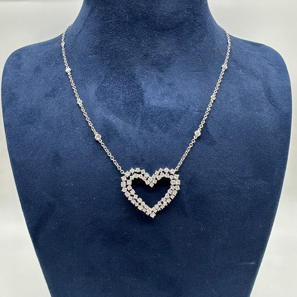 18K White Gold Pendant Necklace – 2.18CT Double Row Round Diamond Heart Necklace DP0025 GJJJ