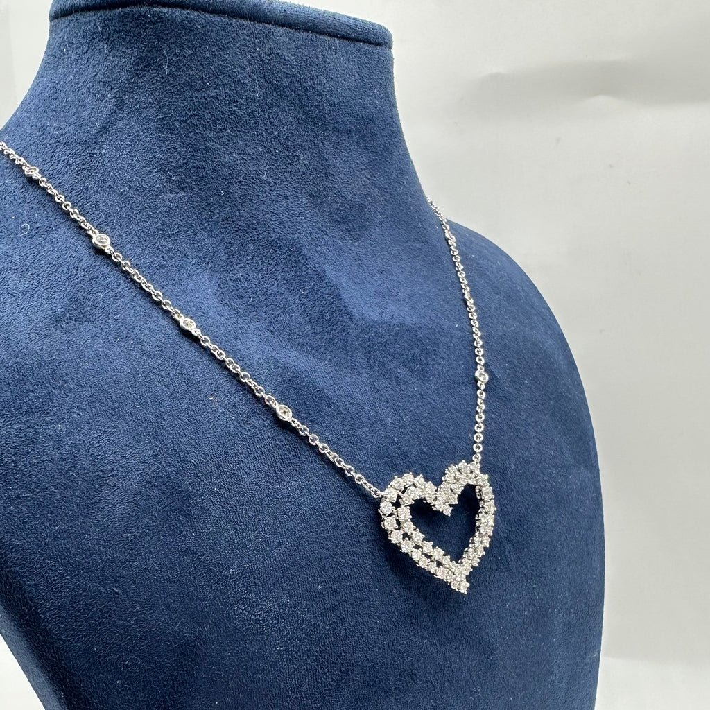 18K White Gold Pendant Necklace – 2.18CT Double Row Round Diamond Heart Necklace DP0025 GJJJ
