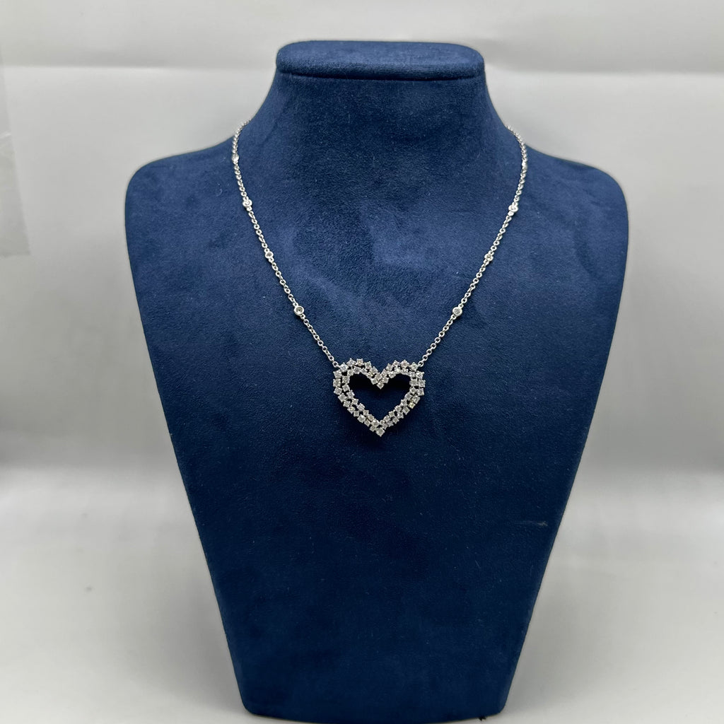 18K White Gold Pendant Necklace – 2.18CT Double Row Round Diamond Heart Necklace DP0025 GJJJ