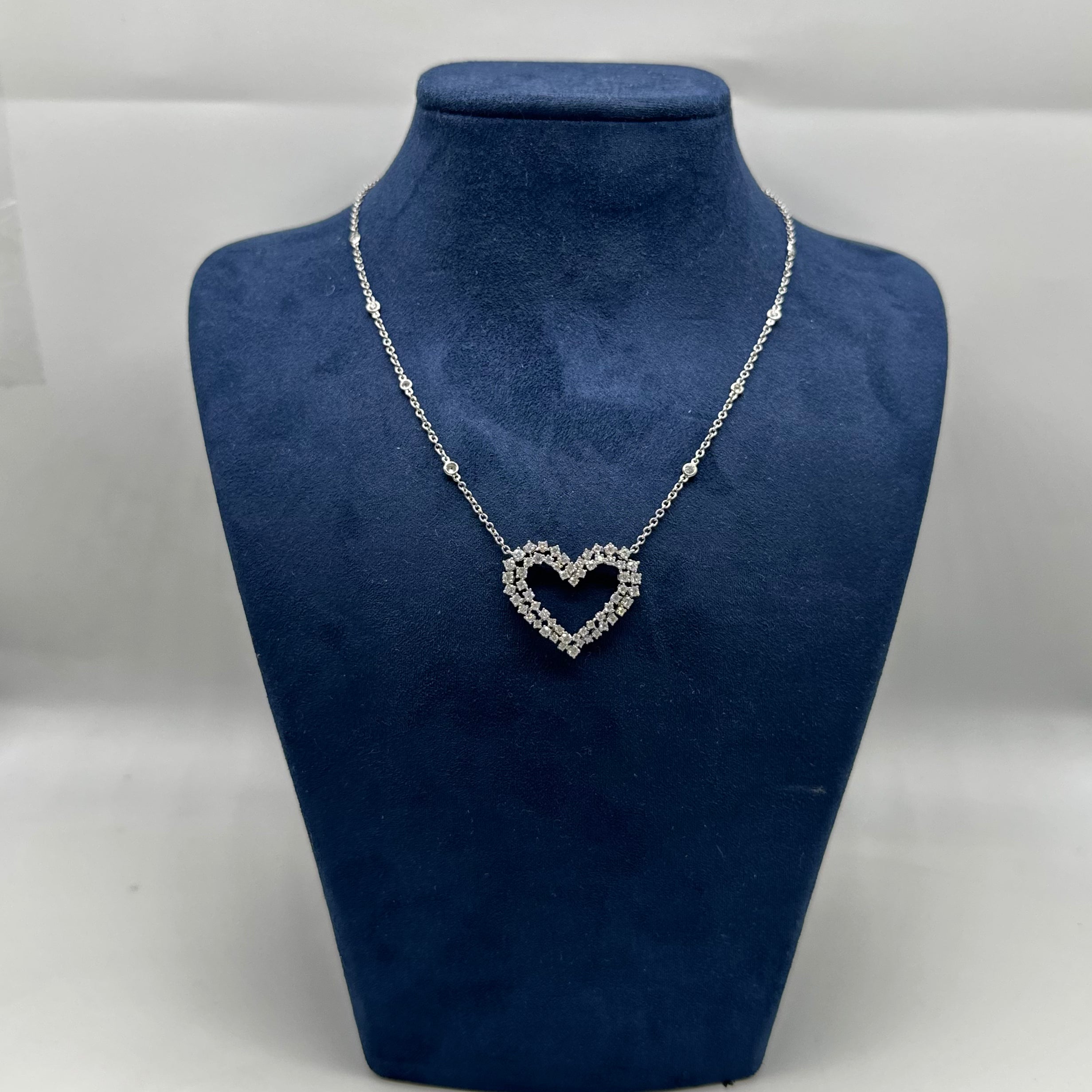 18K White Gold Pendant Necklace – 2.18CT Double Row Round Diamond Heart Necklace DP0025 GJJJ