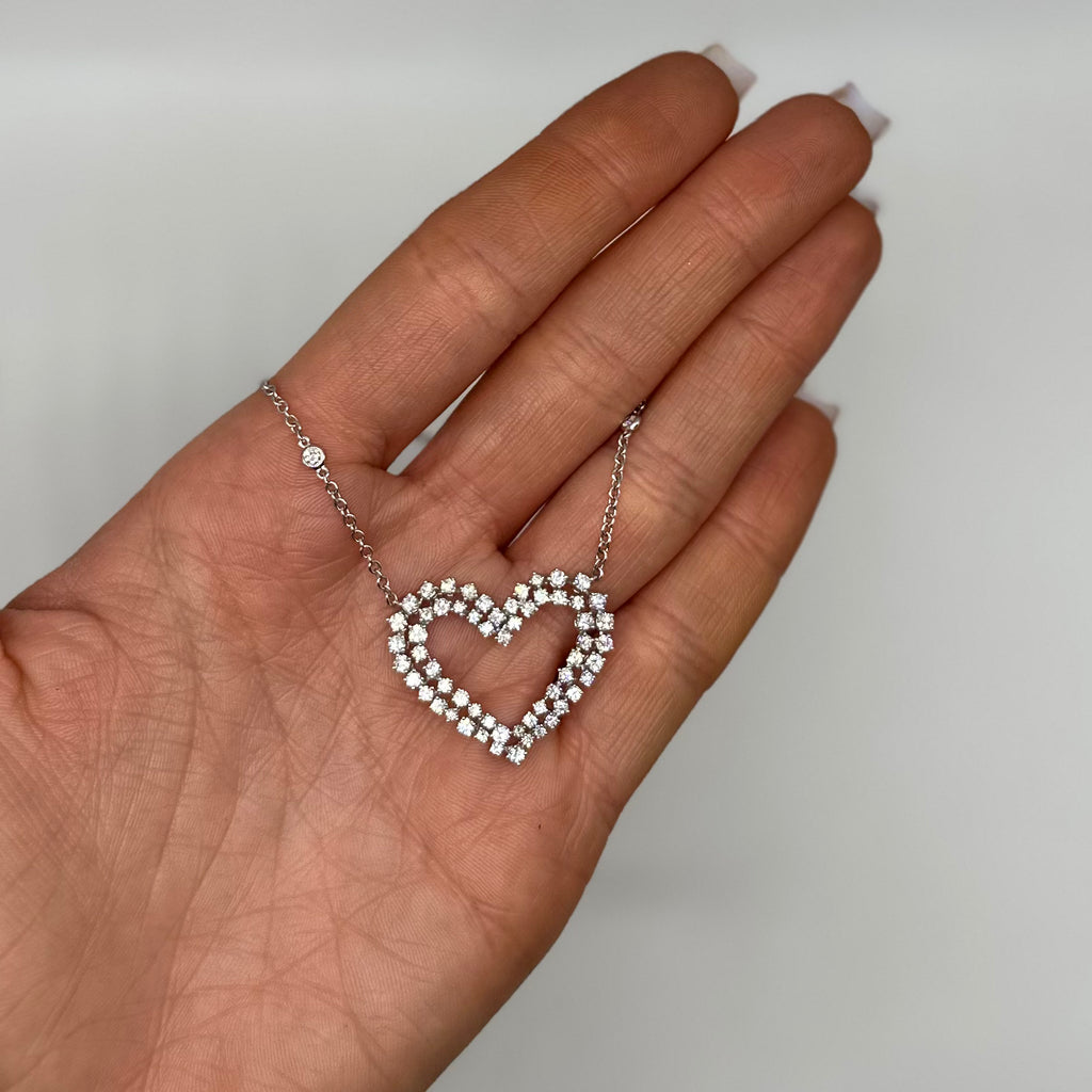 18K White Gold Pendant Necklace – 2.18CT Double Row Round Diamond Heart Necklace DP0025 GJJJ