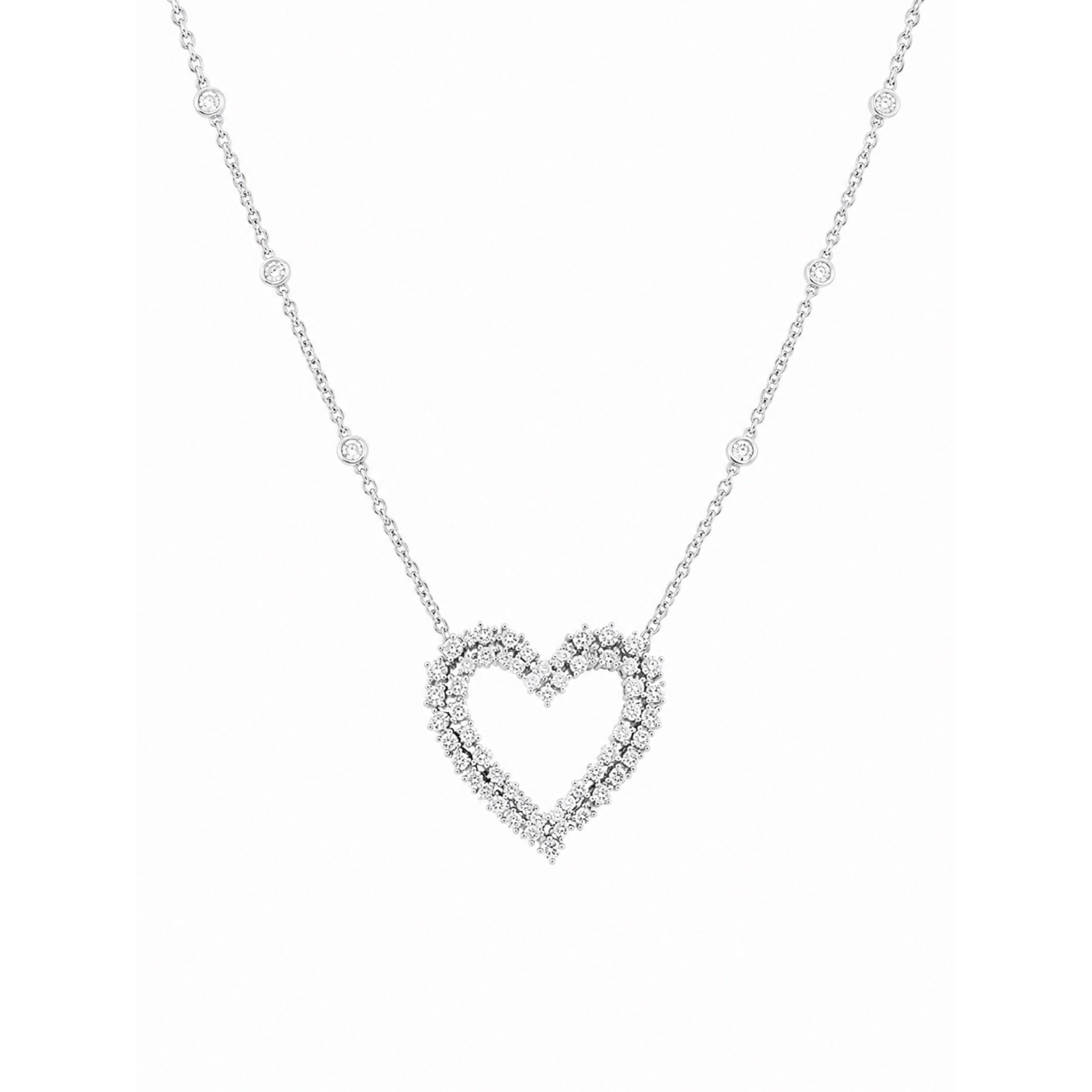 18K White Gold Pendant Necklace – 2.18CT Double Row Round Diamond Heart Necklace DP0025 GJJJ