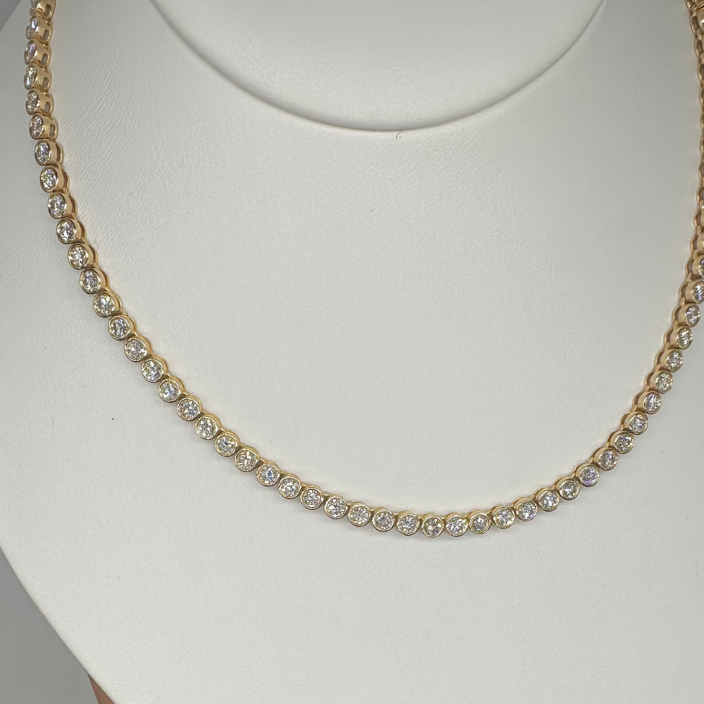 14K Yellow Gold Diamond Bezel Set Tennis Necklace – 9.28 CT