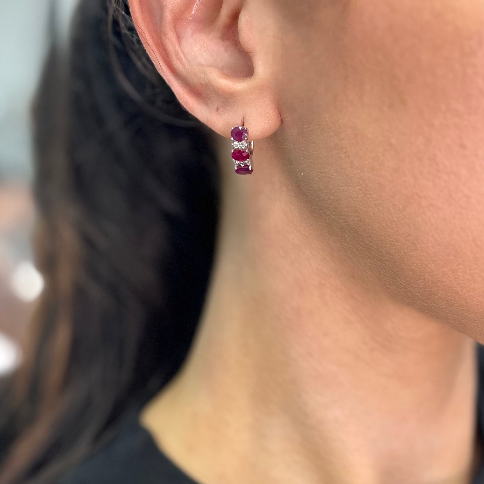 14K White Gold Ruby & Diamond Hoop Earrings – 2.50CT Rubies, 0.20CT Diamonds RDER026 STJ