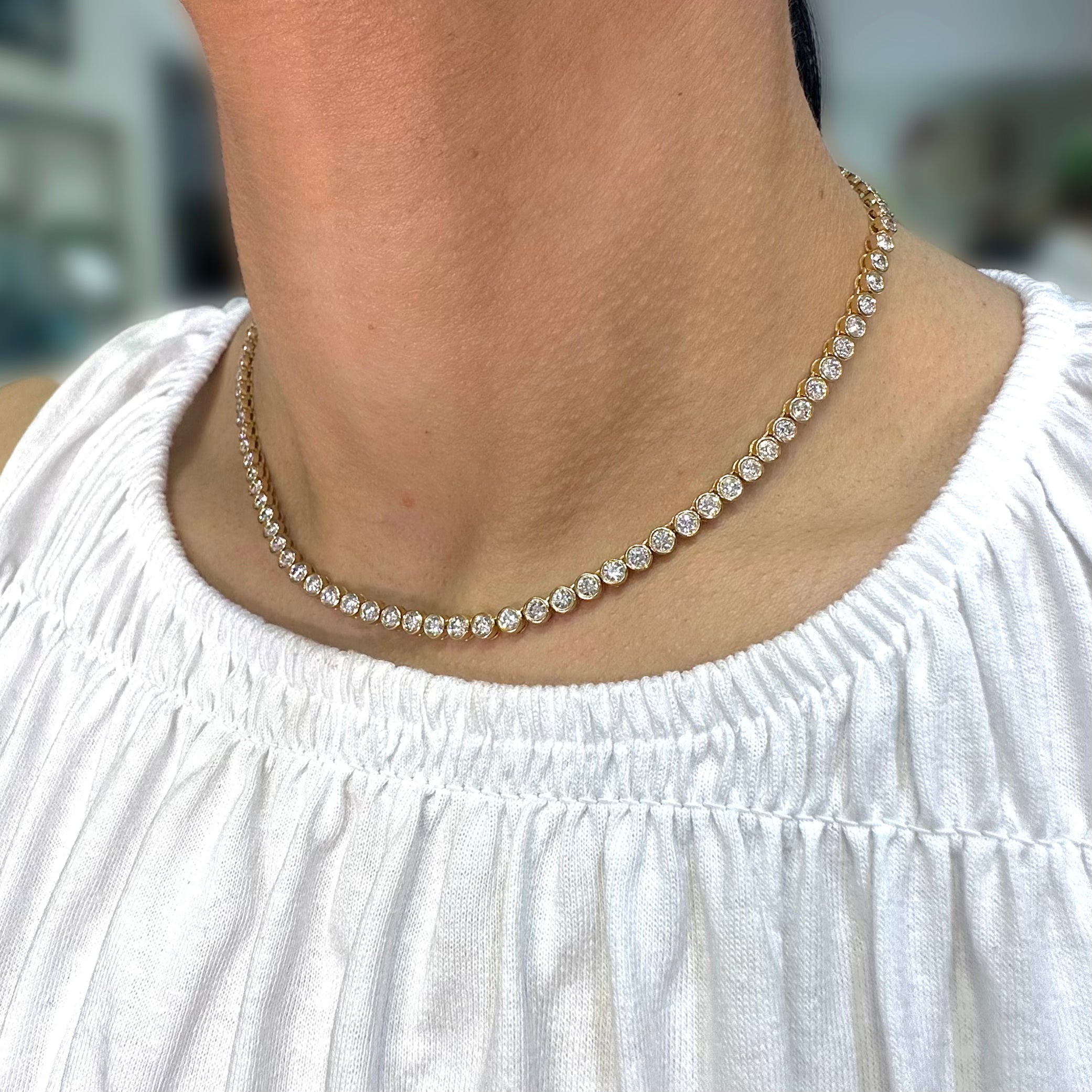 14K Yellow Gold Diamond Bezel Set Tennis Necklace – 9.28 CT