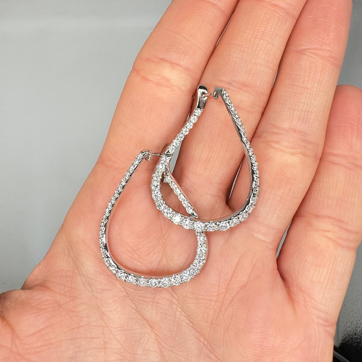 14K White Gold 3.00 Ct Diamond Teardrop Hoop Earrings