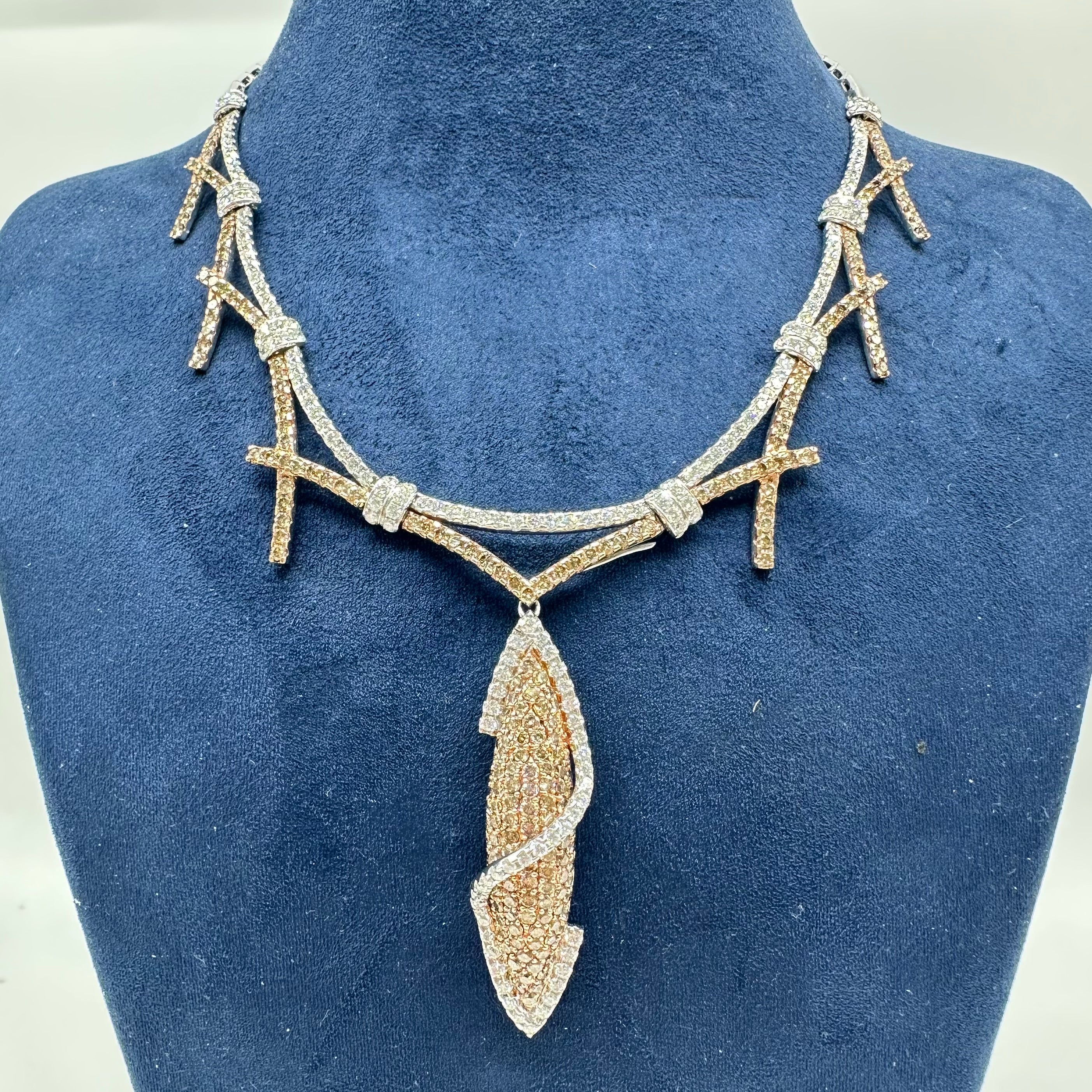 18K White & Rose Gold White & Champagne Diamond Necklace with Detachable Pendant – 8.00ct DN068 IIJJJ