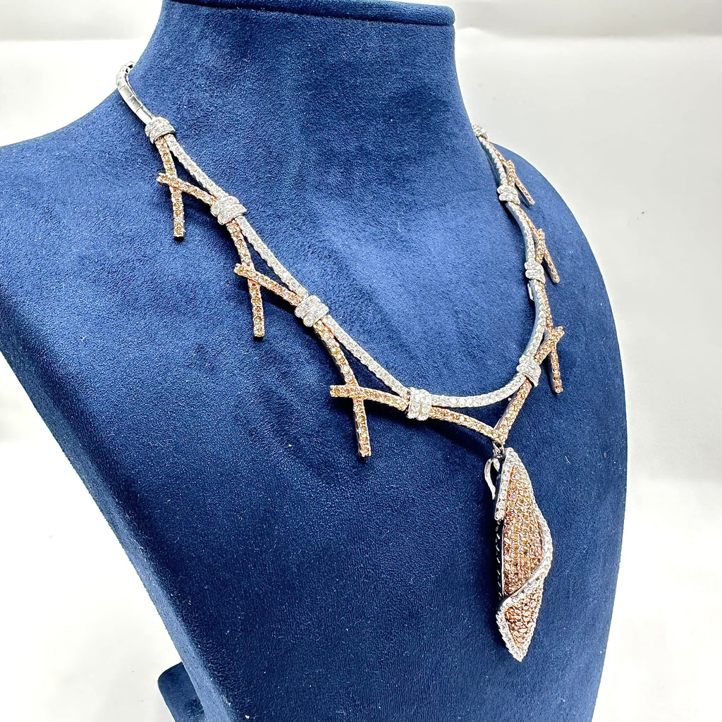 18K White & Rose Gold White & Champagne Diamond Necklace with Detachable Pendant – 8.00ct DN068 IIJJJ