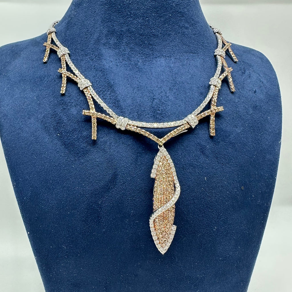 18K White & Rose Gold White & Champagne Diamond Necklace with Detachable Pendant – 8.00ct DN068 IIJJJ