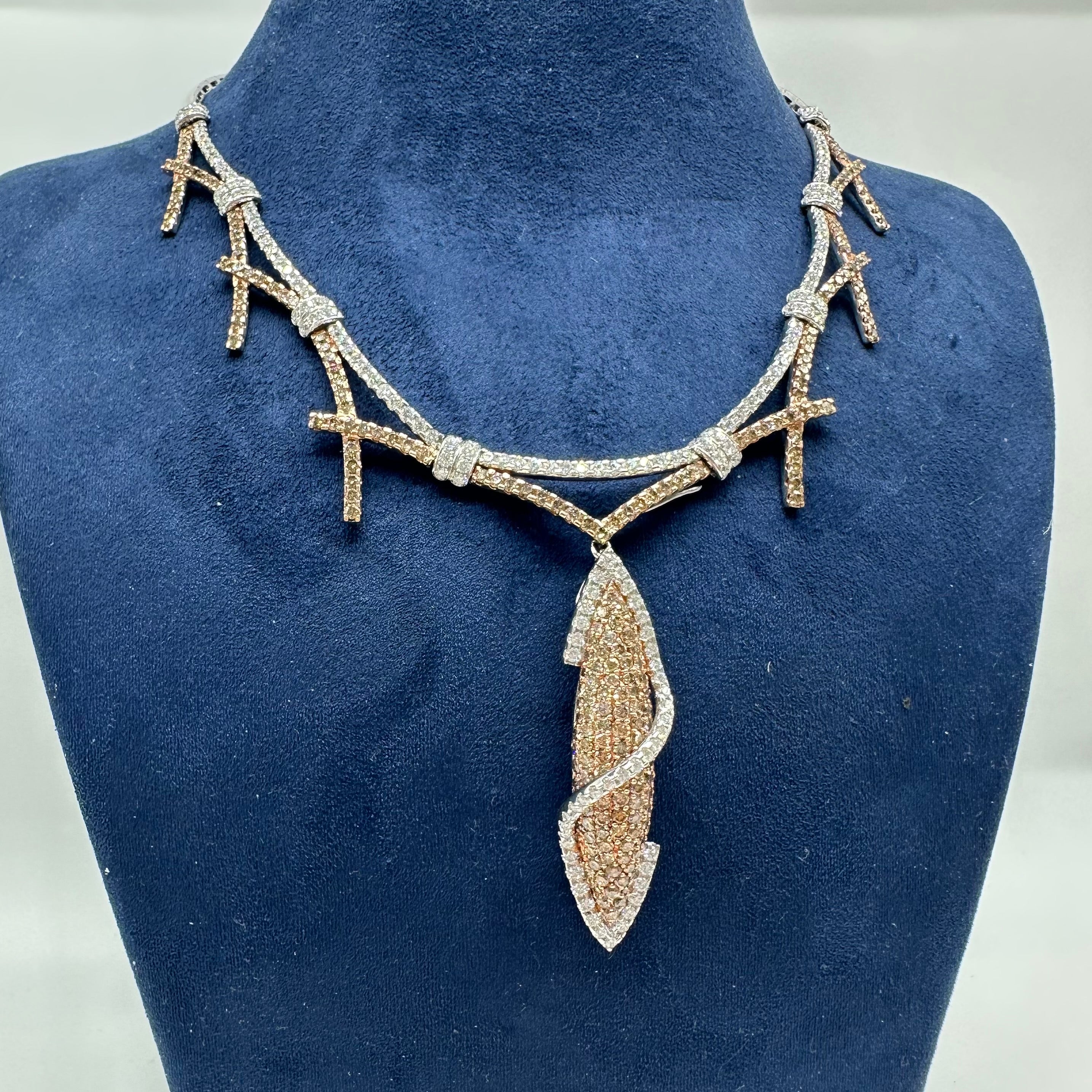 18K White & Rose Gold White & Champagne Diamond Necklace with Detachable Pendant – 8.00ct DN068 IIJJJ