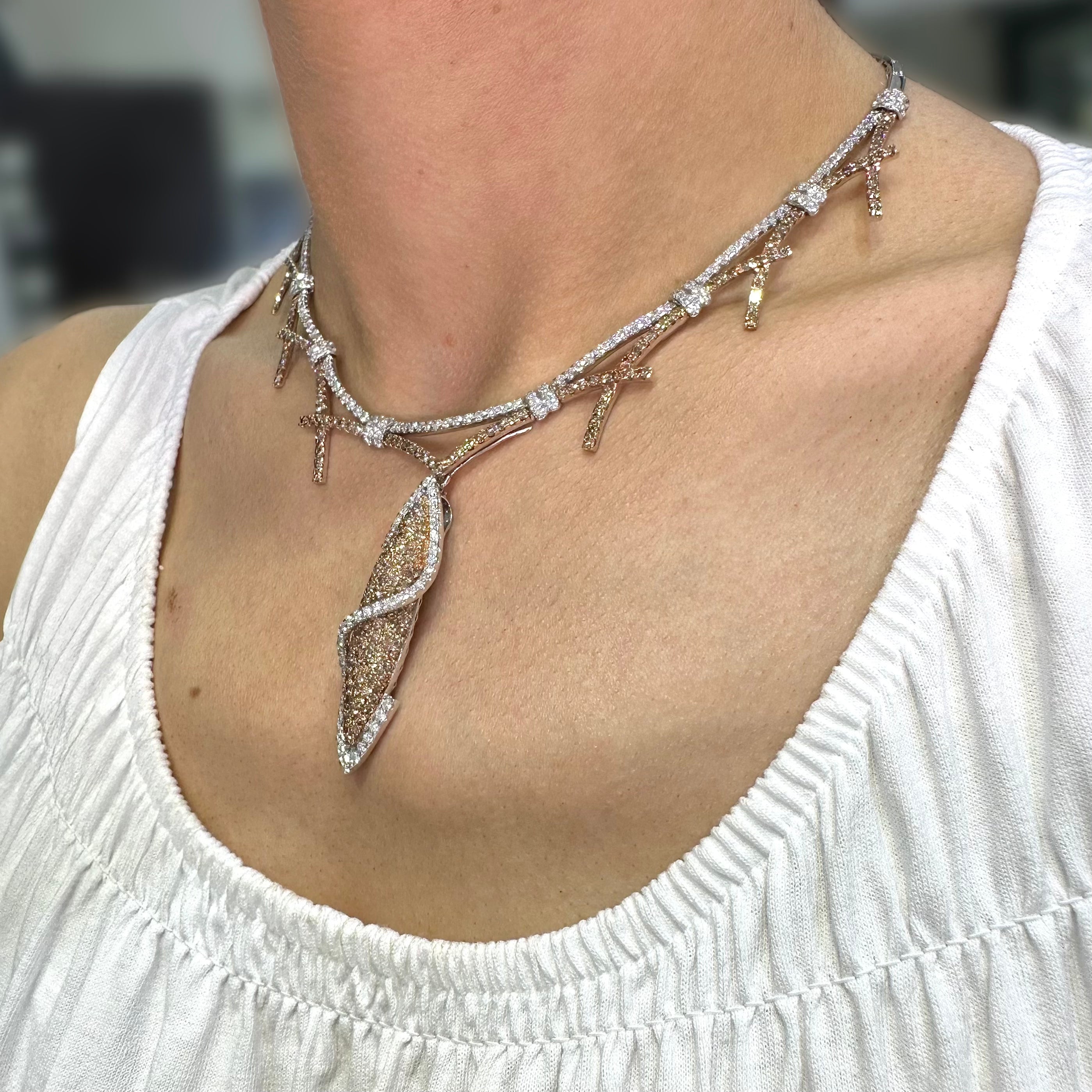18K White & Rose Gold White & Champagne Diamond Necklace with Detachable Pendant – 8.00ct DN068 IIJJJ