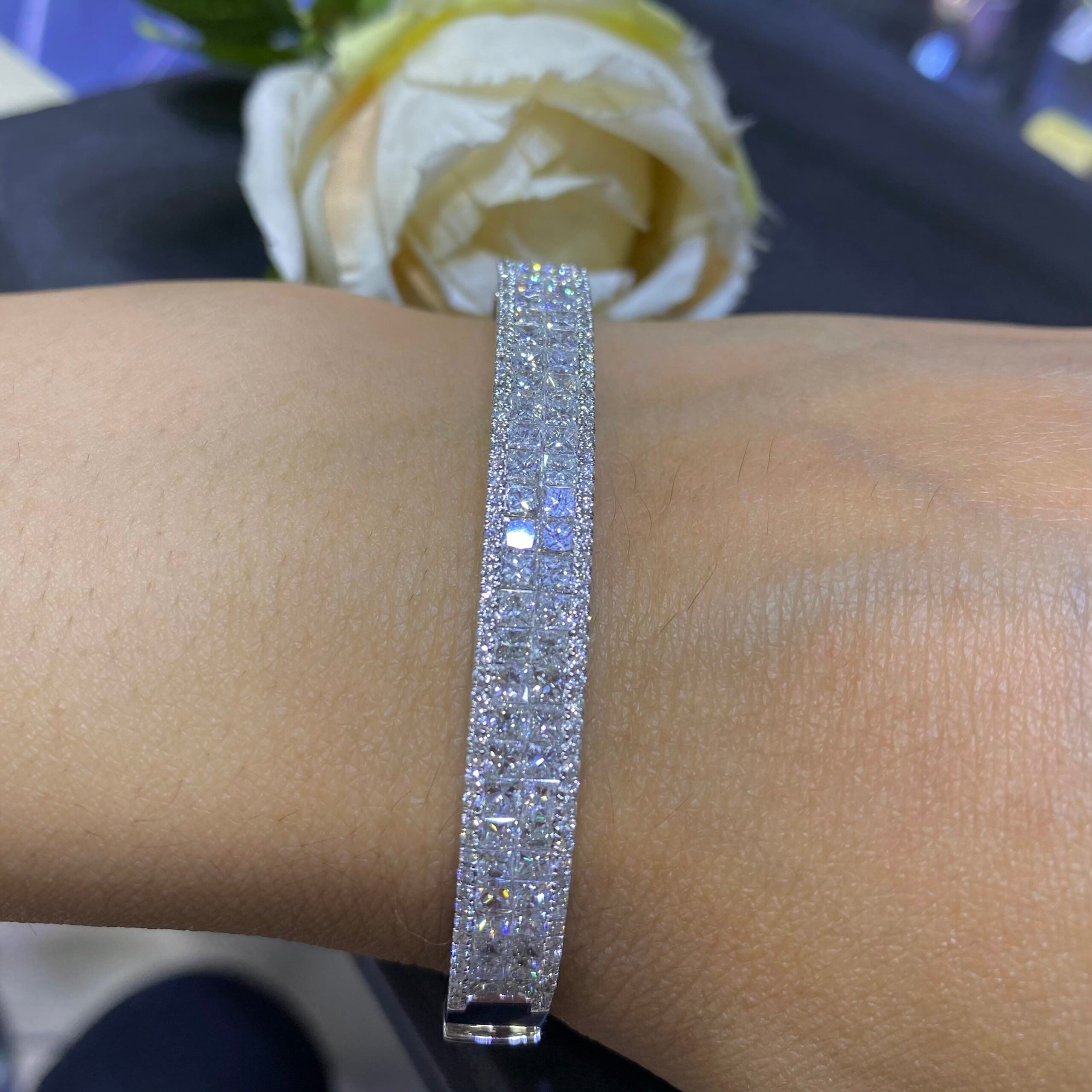 18K White Gold Diamond Bangle Bracelet with 6.55CT Round and Princess Cut Diamonds DBAN014TJJJ