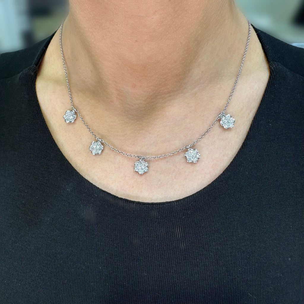 18K White Gold Diamond Flower Station Necklace – 2.71ct Diamonds