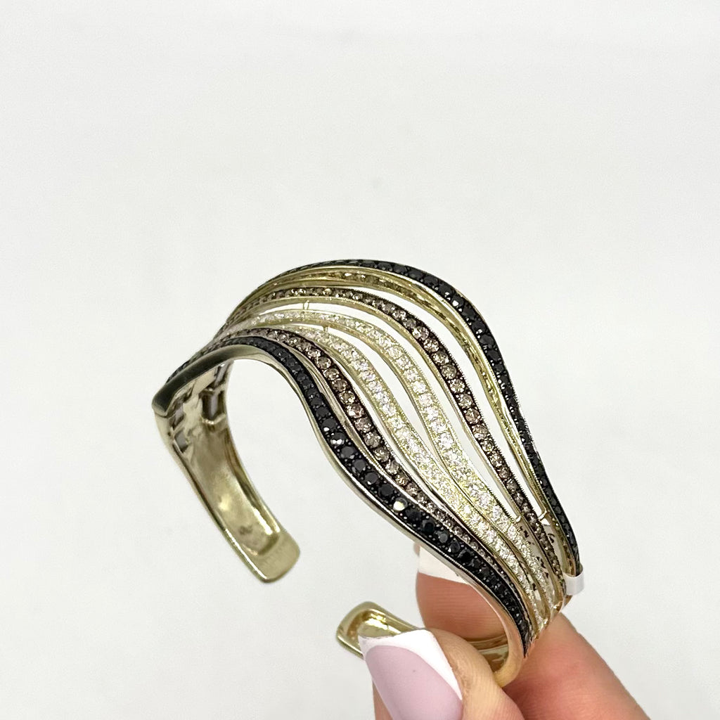 14K Yellow Gold 5.72 Ct Multi-Color Diamond Wave Cuff Bracelet