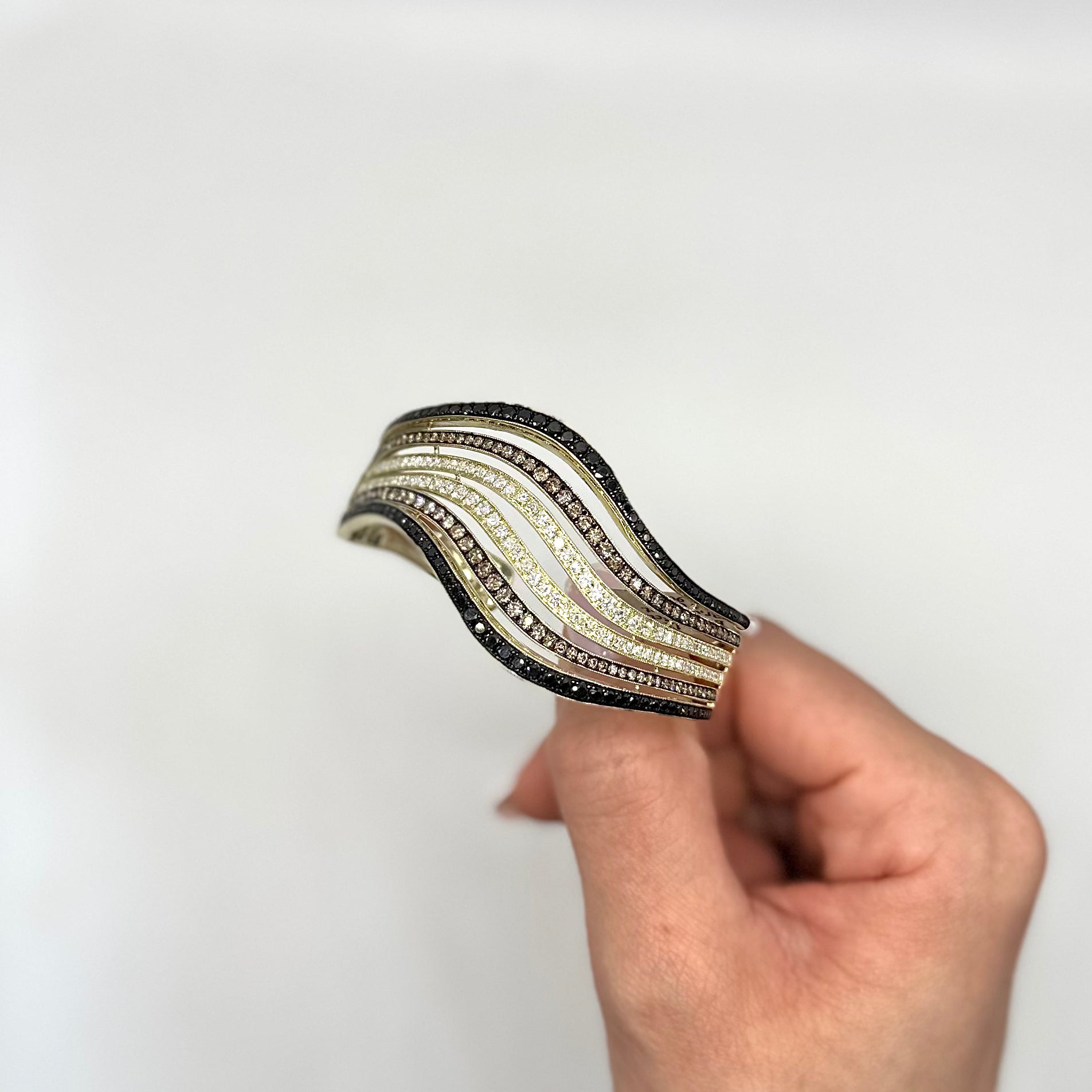 14K Yellow Gold 5.72 Ct Multi-Color Diamond Wave Cuff Bracelet