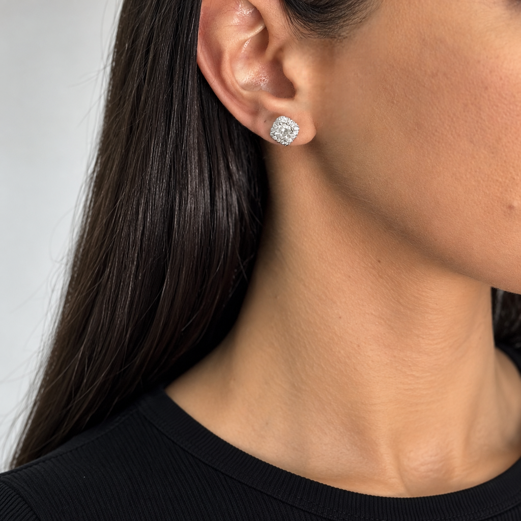 14K White Gold 3.21 Ct Cushion Cut & Round Diamond Stud Earrings
