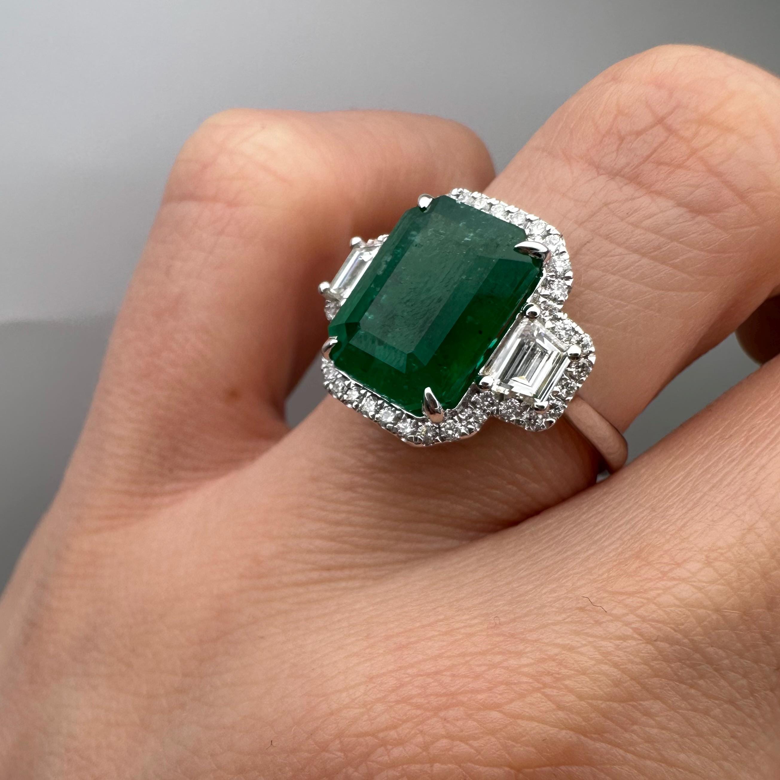 14KT White Gold Ring with 4.81ct Emerald-Cut Natural Emerald and 0.74ct Total Near-Colorless Diamonds (VS2–SI1). TTJJ