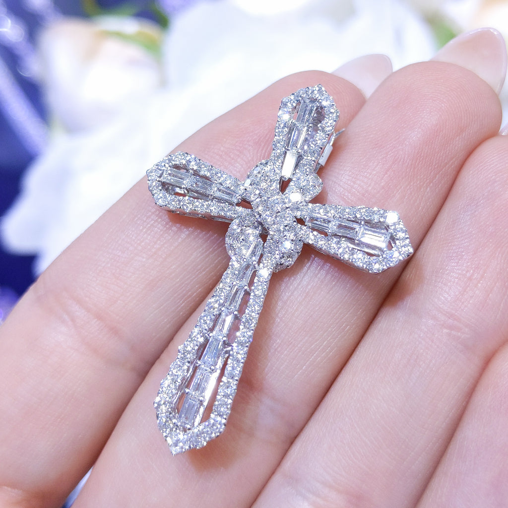 1.99ct Diamond Baguette & Round Cross Pendant Necklace in 18K White Gold PP1978